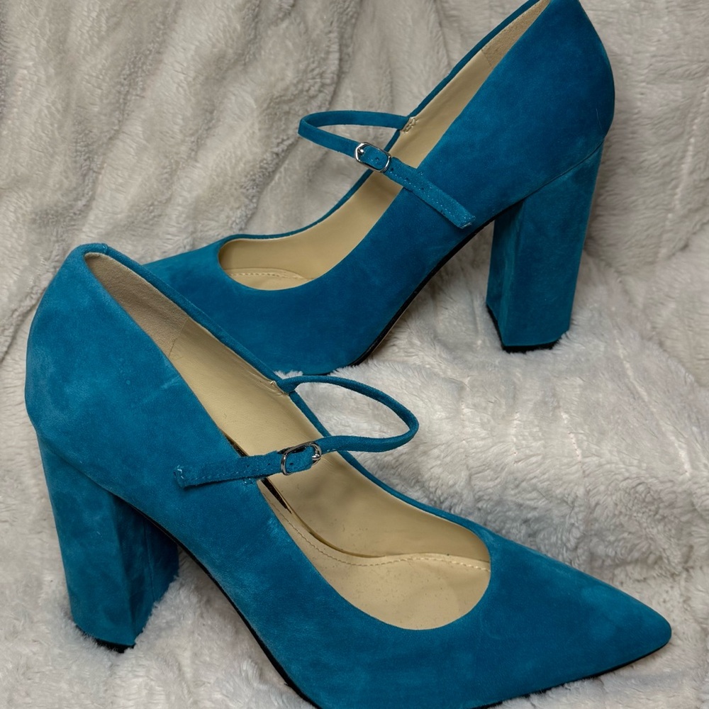 Teal Blue Block Heel Pumps | Sz 8.5 | Leather | Nine West